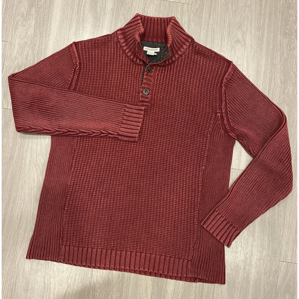 Carbon2Cobalt Mens Sweater Red Large L Knit Button Cotton Heavy Warm EUC